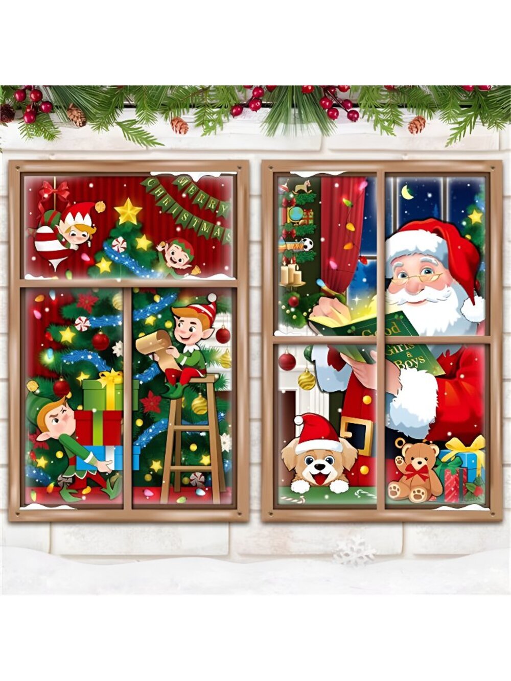 2 Pcs Christmas Santa Claus and Elf Tree Window Cover Decoration Xmas Window